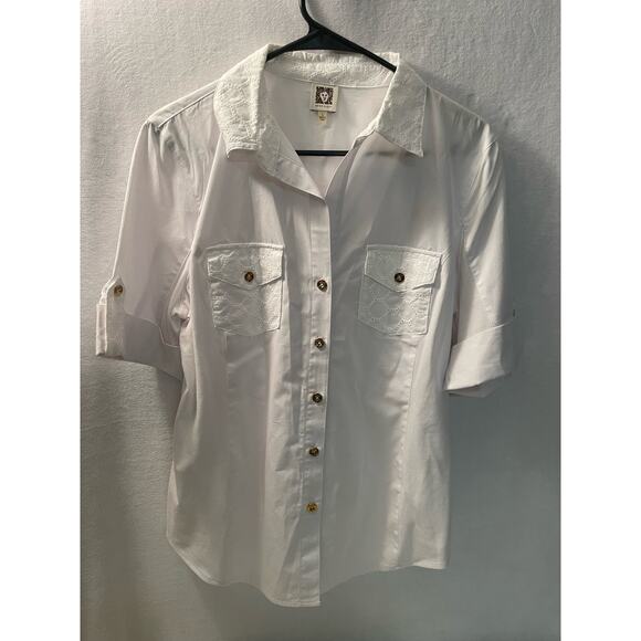 Anne Klein white button 3/4 sleeves dress shirt gold‎ colored buttons size L - Picture 1 of 3